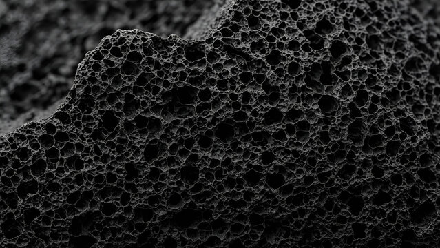 Volcanic basalt stone displaying intricate porous textures and deep dark shadows in high macro resolution detail