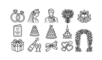 Fototapeta premium Traditional Wedding Ceremony Icon Set Black and White Vector