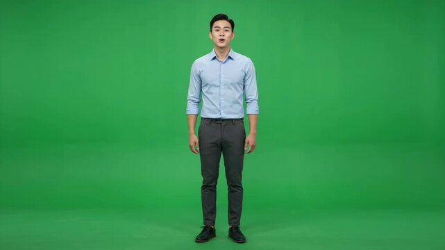 Young Asian man standing and talking on a green screen background, full body shot for chroma key compositing.