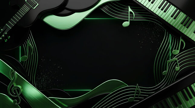 Dark musical background frame with green neon glow, guitar, piano keys, and notes