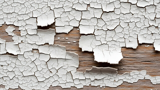 Weathered white paint flakes away from old wooden planks creating a highly detailed vintage surface texture