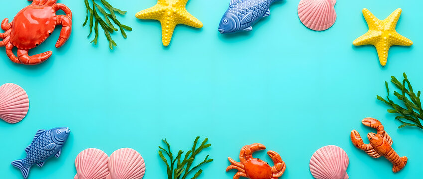 Bright turquoise summer flat lay background with ceramic sea life, shells, and starfish border