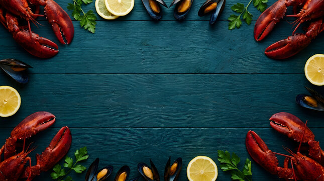 Fresh seafood frame with lobster, mussels, lemon and parsley on dark wooden background