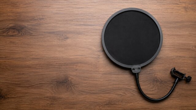 Black Microphone Pop Filter on Wooden Desk Background with Copy Space for Podcast Recording