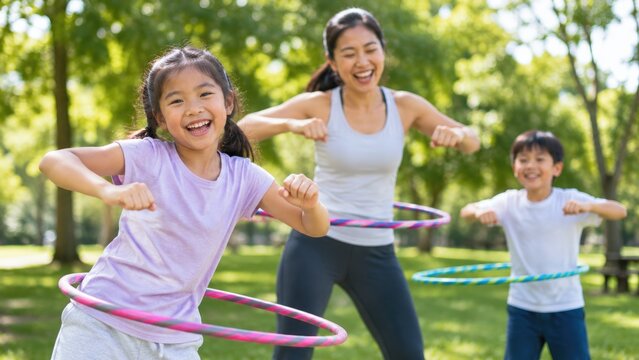 Happy Family Exercising with Colorful Hula Hoops Together in Sunny Park Outdoors