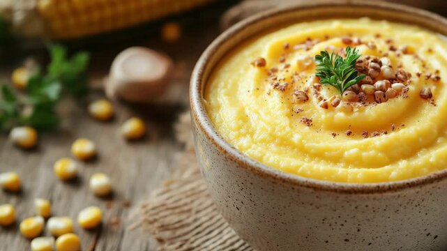 selective focus smooth corn puree in ceramic bowl golden cream swirl rustic wooden table