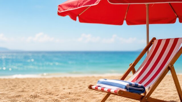 Relaxing Beach Chair with Red Umbrella and Towel on Sunny Tropical Sandy Coast