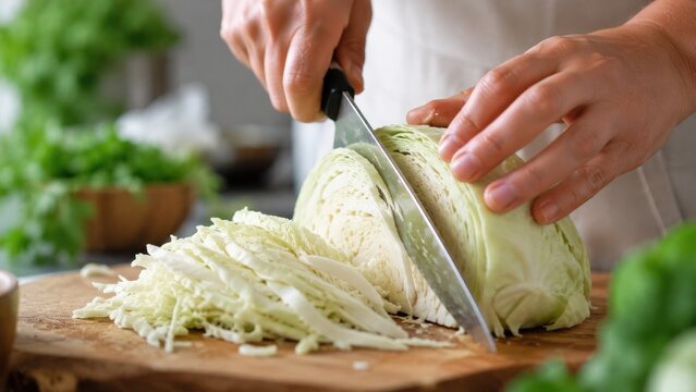 Fresh Green Cabbage Being Thinly Sliced with Kitchen Knife on Wooden Cutting Board for Healthy Cooking