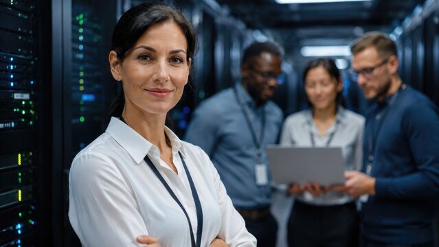 Confident Female IT Manager Standing in Modern Data Center with Technology Team