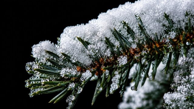 Macro Close Up of Snow Covered Evergreen Branch with Sparkling Ice Crystals