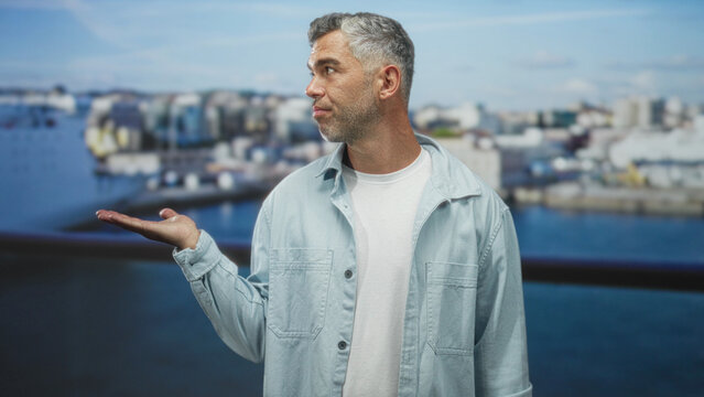 Man left palm up presenting harbor city view while smiling and turned head to side; travel contentment.