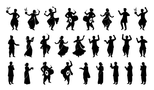 Durga Puja Festival Silhouette Collection with Indian Traditional Dance and Dhak Drumming