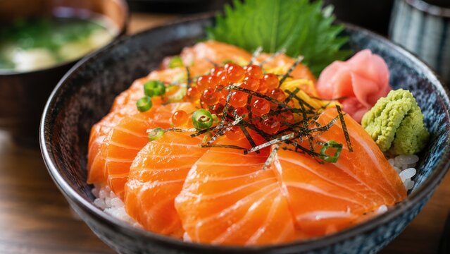 Fresh Salmon Sashimi Rice Bowl with Ikura Seaweed and Wasabi Japanese Cuisine