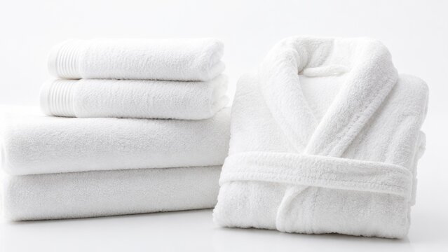Luxury White Bathrobe and Soft Cotton Towels Folded on Clean Minimal Background
