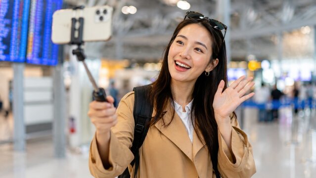 Young Asian Female Travel Vlogger Recording Selfie Video with Smartphone at Modern Airport Terminal
