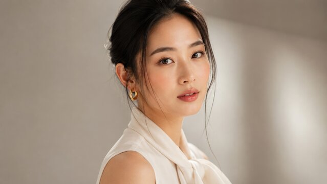 Elegant Asian Woman Portrait with Natural Makeup and Soft Neutral Background