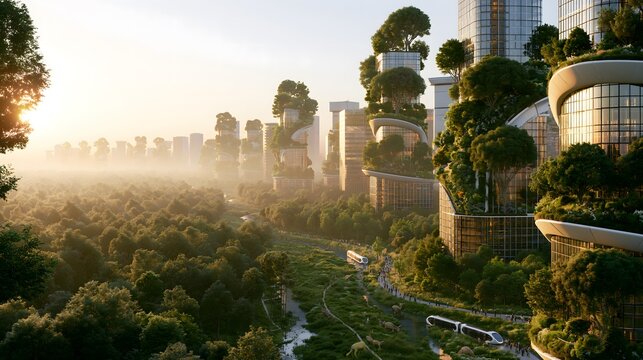 Eco-Metropolis 2070: Futuristic Vertical Forest City Integrated with Nature