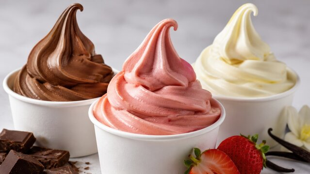 Assorted Chocolate Strawberry and Vanilla Soft Serve Ice Cream in Paper Cups