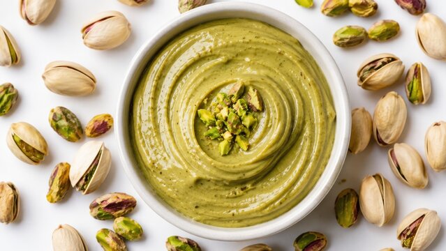 Creamy Pistachio Spread in Bowl Surrounded by Whole Pistachio Nuts on White Background