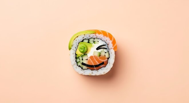 colorful sushi roll arranged to form a winking face using a dot of wasabi