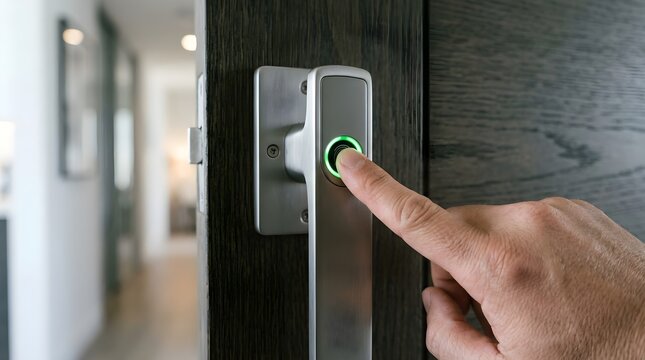 A person unlocks a smart door using a fingerprint scanner, showcasing modern biometric security, digital access control, smart technology, convenience, and home protection.
