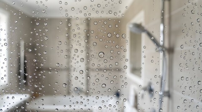 Water droplets cover a bathroom glass surface, creating a soft abstract texture that represents humidity, freshness, cleanliness, shower routines, and everyday home interiors.