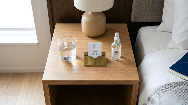 A bottle of essential oil and a glass of water rest on a bedside table, creating a peaceful wellness atmosphere that symbolizes relaxation, aromatherapy, self-care, and healthy living.
