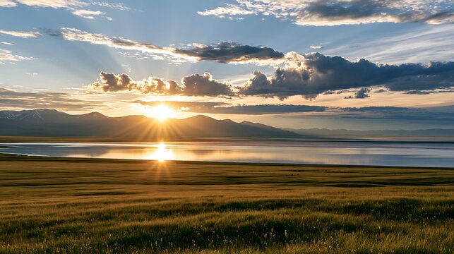 Golden Serenade: Sunrise over the Salt Lake and Steppe of Uvs Nuur Basin, Mongolia