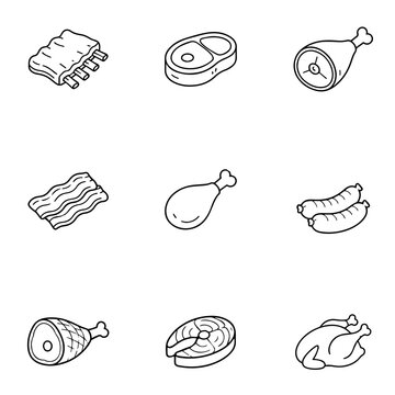 Vector illustration depicting a set of various types of meat, including spare ribs, steak, ham, bacon, chicken legs, sausages, and fish. Black and white outline drawing for culinary design.