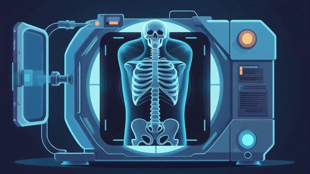 Detailed medical X-ray showing a full human skeleton inside advanced imaging equipment, ideal for radiology, anatomy, healthcare, diagnostics, and clinical technology themes.
