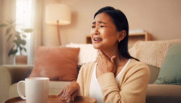 Woman wincing while swallowing, hand on throat, emotional discomfort.