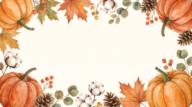 Beautiful watercolor thanksgiving frame with pumpkins autumn leaves cotton flowers and pinecones on a clean white background for seasonal holiday designs