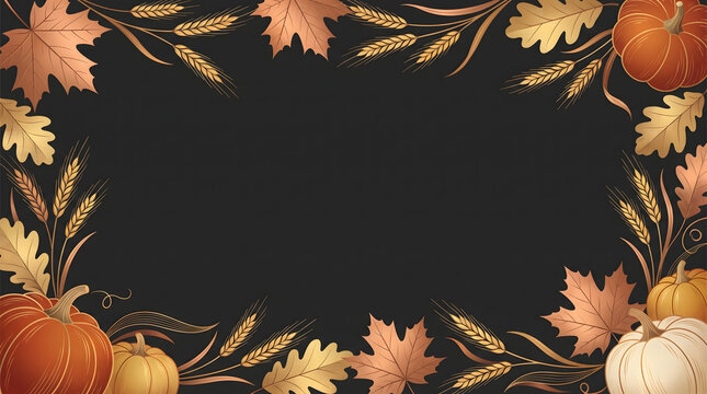Decorative thanksgiving border featuring autumn leaves pumpkins and wheat stalks arranged on a dark background for seasonal holiday greeting cards