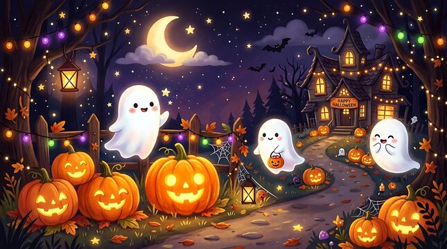 Haunted house halloween night illustration with flying ghosts, glowing pumpkins, and crescent moon in dark sky.