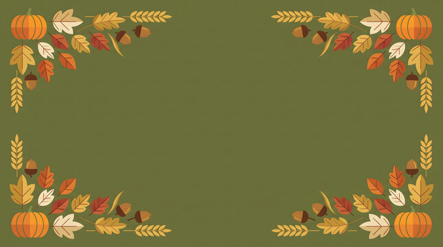 Decorative thanksgiving background featuring a flat design border of pumpkins wheat stalks acorns and colorful autumn leaves on green texture