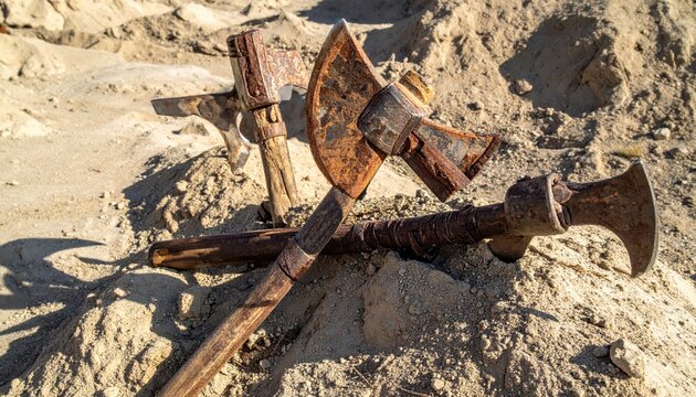 Three ancient rusty axes lying on a sandy ground, historical artifacts, close-up view