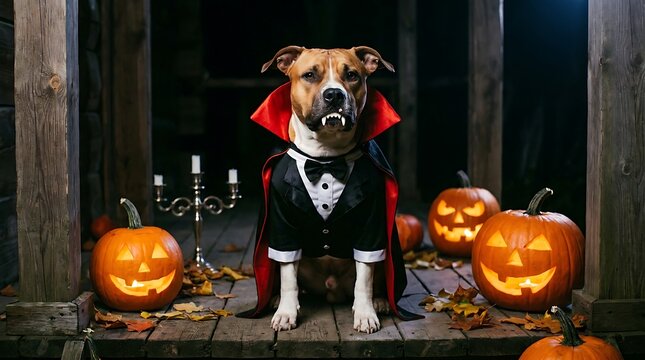 Pitbull dog in tuxedo vampire costume on porch with halloween pumpkins.