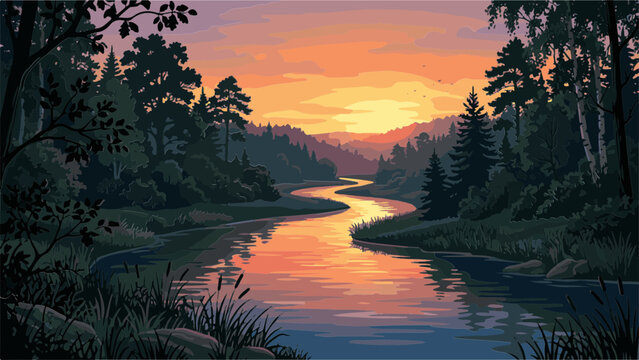 River flows through a dense forest landscape as the sun sets behind distant hills.
