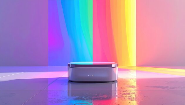 A sleek white pod-like object sits on a reflective surface against a vibrant, abstract backdrop of flowing rainbow-colored light beams.