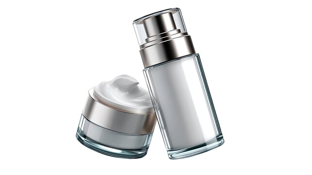 Luxury Skincare Duo: An elegant glass jar filled with rich cream sits beside a sleek serum dispenser, representing premium beauty and personal care products.