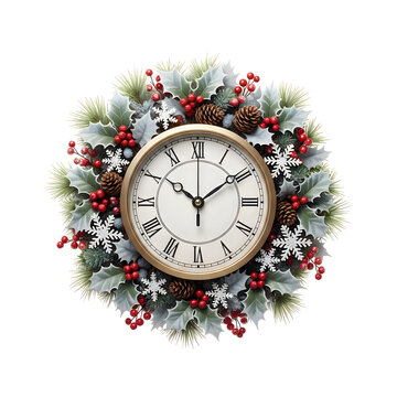 Vintage clock decorated with festive christmas wreath of holly berries and snowflakes isolated isolated on white background