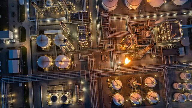 Aerial Night View of Oil and Gas Refinery Plant with Illuminated Pipelines and Storage Tanks