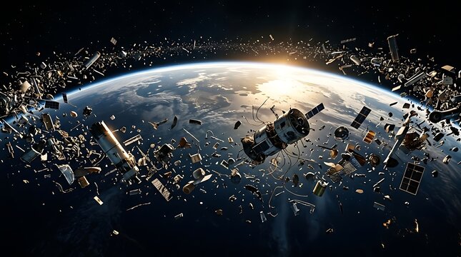Orbital debris and space junk circling planet earth