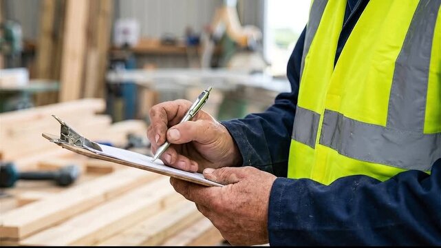 Construction worker in safety vest writing on clipboard in lumber yard with shallow depth of field during daytime
