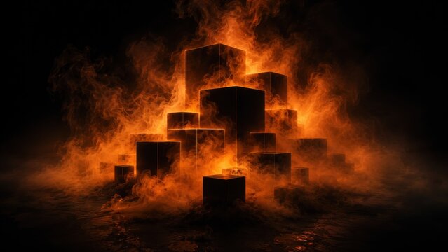Burning wooden blocks spelling risk in dark fiery background. High stakes business failure concept with flames and smoke for financial crisis.