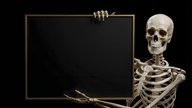 Human skeleton holding a blank chalkboard. Anatomy model presenting an empty sign board.