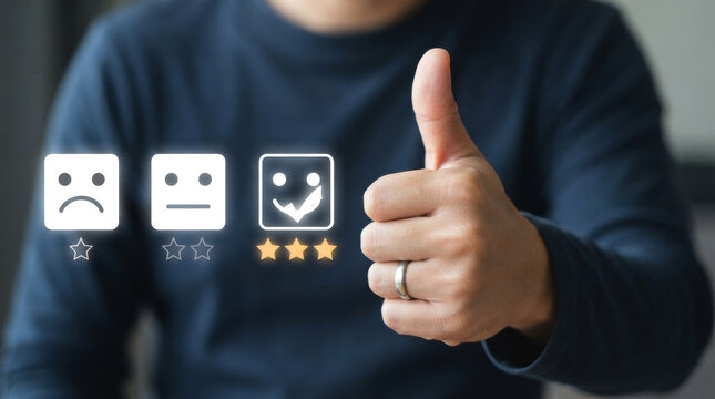 Customer satisfaction rating with thumbs up gesture, business feedback and client review concept, happy face icon with three stars