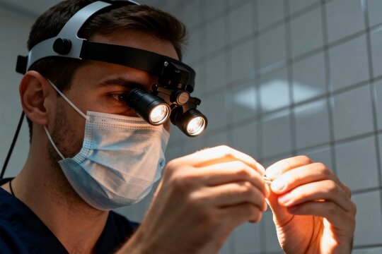 Dentist in Surgical Mask Examining Tool