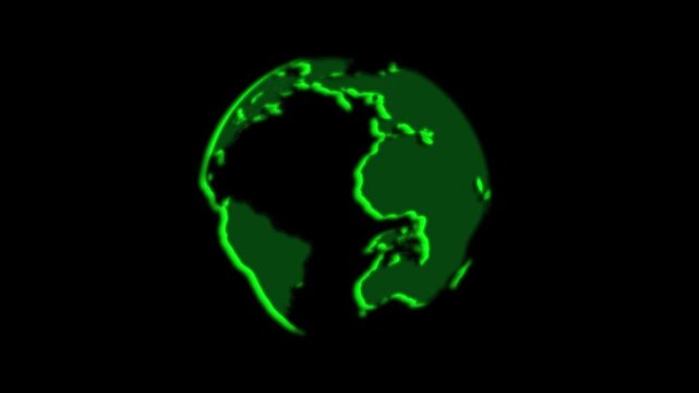 Green Glowing Globe of Earth on Black Background planet world. Rotating earth globe showing land and ocean, glowing against dark. Digital earth globe network connections. Neon green glowing earth.