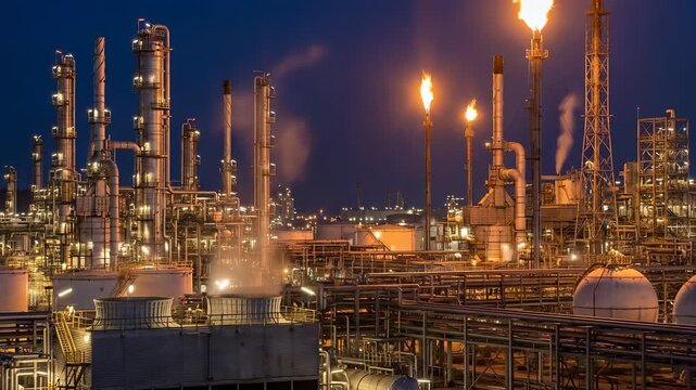 Aerial Night View of Oil and Gas Refinery Plant with Illuminated Pipelines and Storage Tanks